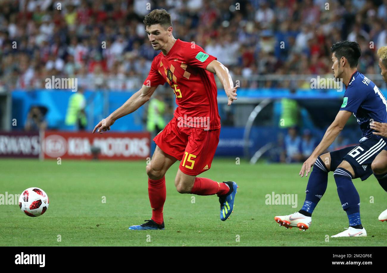 Belgium's Thomas Meunier and Japan's Hotaru Yamaguchi fight for the ball during a round of 16 game between Belgian national soccer team the Red Devils and Japan in Rostov, Russia, Monday 02 July 2018. BELGA PHOTO BRUNO FAHY Stock Photo