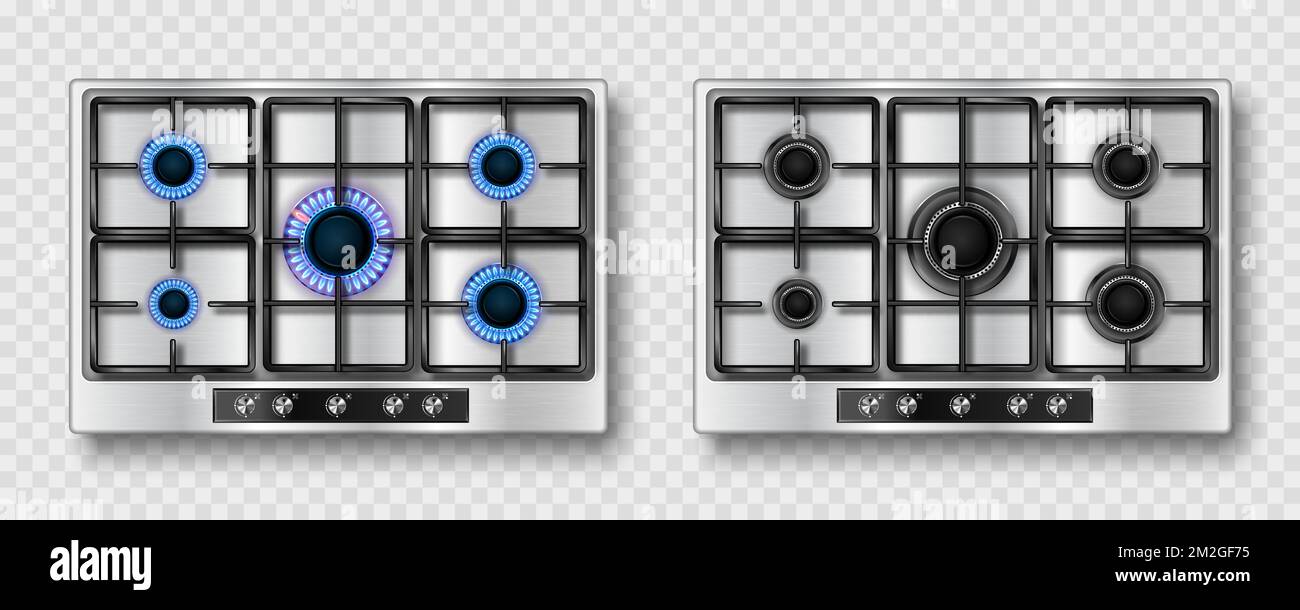 Gas stove with blue flame and black steel grate. Kitchen stainless cooktop with lit and off burners. Vector realistic set of burning propane butane on hob top view isolated on transparent background Stock Vector