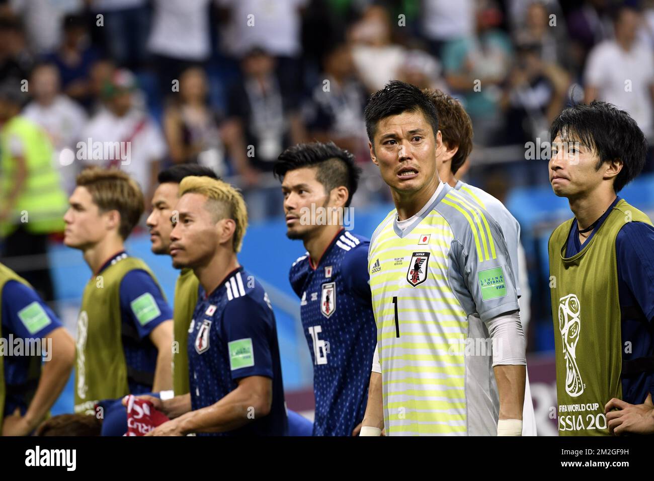 Japan's Hotaru Yamaguchi and Japan's goalkeeper Eiji Kawashima react as they lost a round of 16 game between Belgian national soccer team the Red Devils and Japan in Rostov, Russia, Monday 02 July 2018. BELGA PHOTO LAURIE DIEFFEMBACQ Stock Photo