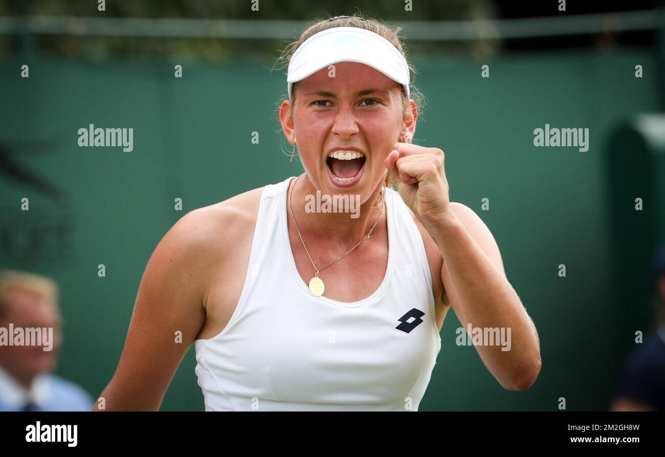 Belgian Elise Mertens celebrates after winning a tennis game between  Belgian Elise Mertens (WTA 15) and US Sachia Vickery (WTA 83), in the first  round of the ladies singles at the 2018