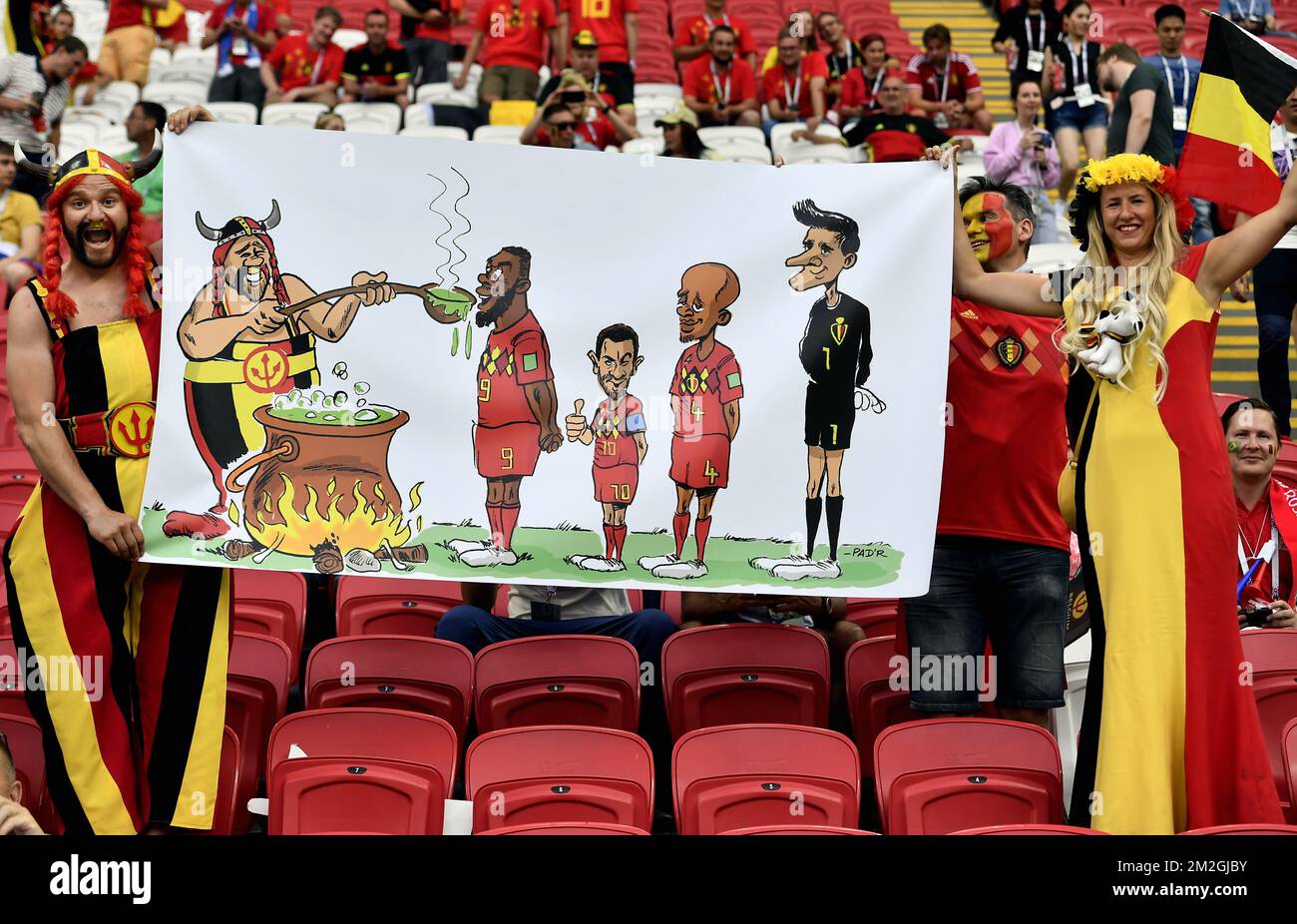 Red devils fan Obelgix Nicolas Dardenne holds a small tifo in the stands ahead of a soccer game between Belgian national soccer team the Red Devils and Brazil in Kazan, Russia, Friday 06 July 2018, the quarter-finals of the 2018 FIFA World Cup. BELGA PHOTO DIRK WAEM  Stock Photo