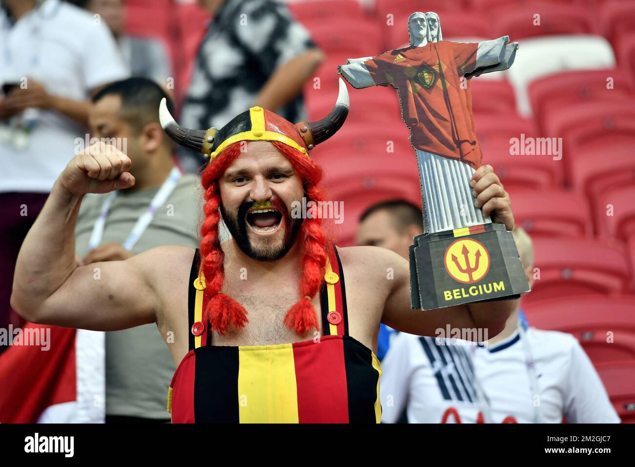 Red devils fan Obelgix Nicolas Dardenne holding the statue of Christo Redendor wearing a Red Devils shirt at a soccer game between Belgian national soccer team the Red Devils and Brazil in Kazan, Russia, Friday 06 July 2018, the quarter-finals of the 2018 FIFA World Cup. BELGA PHOTO DIRK WAEM  Stock Photo