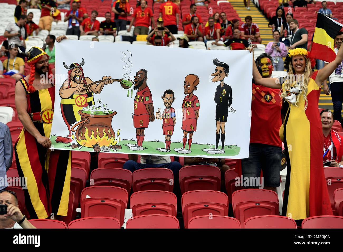 Red devils fan Obelgix Nicolas Dardenne holds a small tifo in the stands ahead of a soccer game between Belgian national soccer team the Red Devils and Brazil in Kazan, Russia, Friday 06 July 2018, the quarter-finals of the 2018 FIFA World Cup. BELGA PHOTO DIRK WAEM  Stock Photo