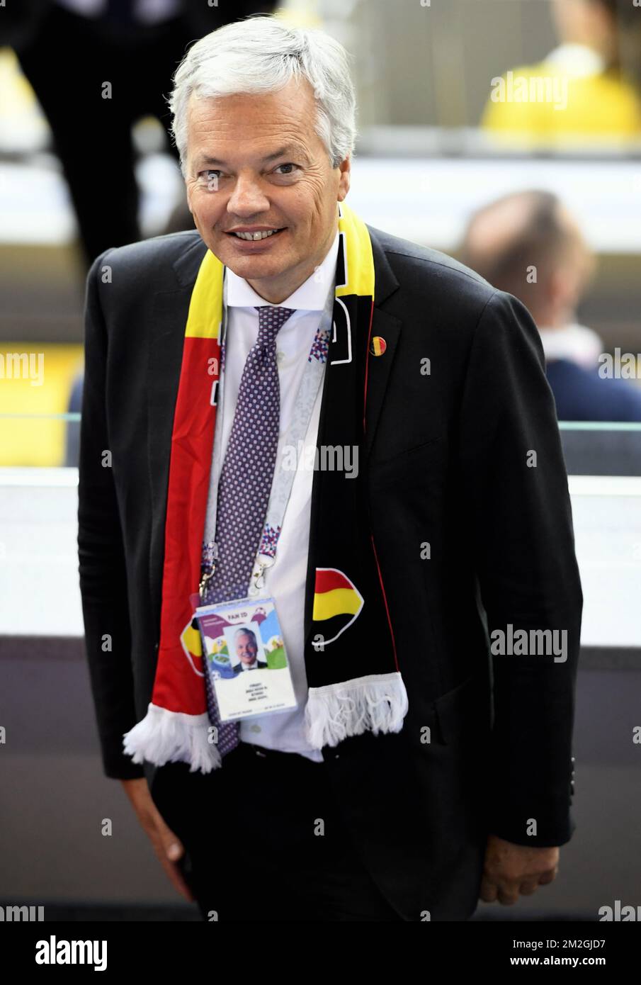 Belgian Foreign Minister Didier Reynders pictured at a soccer game between Belgian national soccer team the Red Devils and Brazil in Kazan, Russia, Friday 06 July 2018, the quarter-finals of the 2018 FIFA World Cup. BELGA PHOTO LAURIE DIEFFEMBACQ  Stock Photo