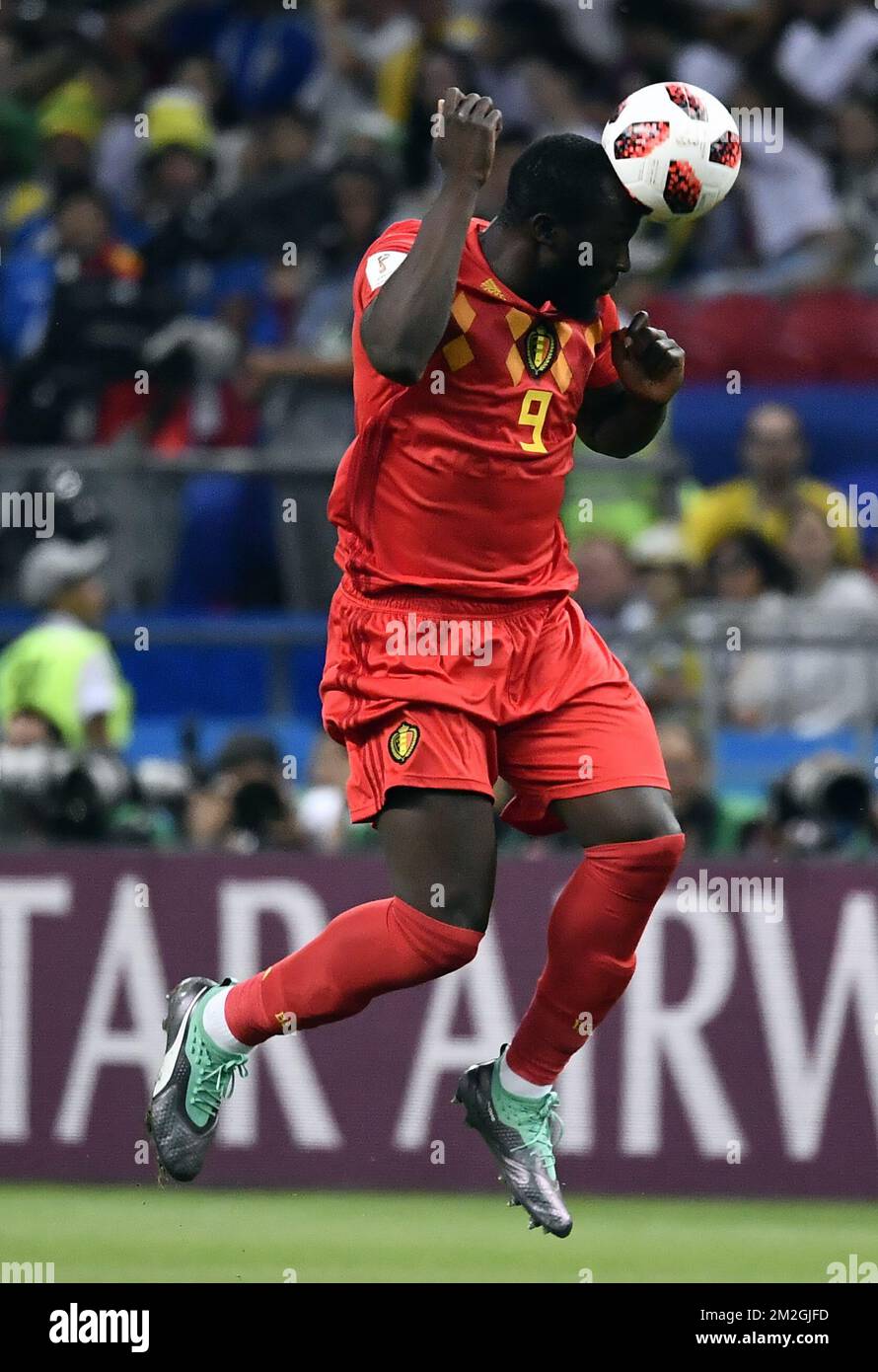 Belgium's Romelu Lukaku heads the ball during a soccer game between Belgian national soccer team the Red Devils and Brazil in Kazan, Russia, Friday 06 July 2018, the quarter-finals of the 2018 FIFA World Cup. BELGA PHOTO DIRK WAEM  Stock Photo