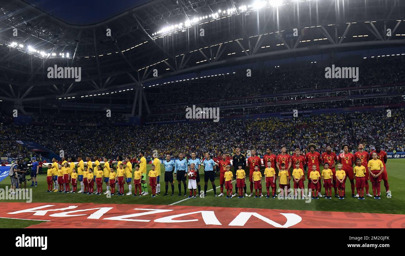 The Brazilian and the Belgian teams and the referees pictured with young mascot boys and girls, ahead of a soccer game between Belgian national soccer team the Red Devils and Brazil in Kazan, Russia, Friday 06 July 2018, the quarter-finals of the 2018 FIFA World Cup. BELGA PHOTO DIRK WAEM  Stock Photo