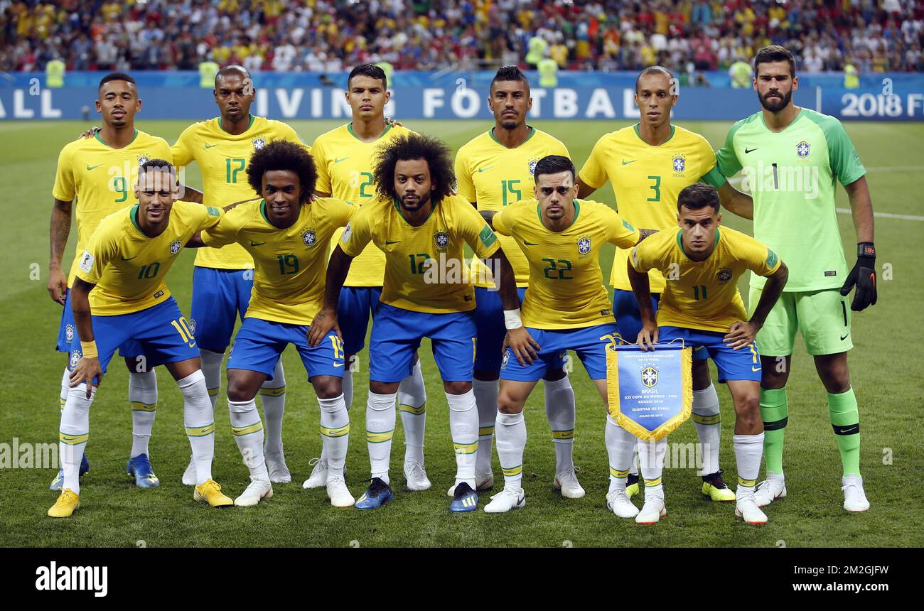 L-R, up, Brazil's Gabriel Jesus, Brazil's Fernandinho, Brazil's Thiago Silva, Brazil's Paulinho, Brazil's Miranda, Brazil's goalkeeper Alisson and down, Brazil's Neymar, Brazil's Willian, Brazil's Marcelo, Brazil's Fagner and Brazil's Philippe Coutinho poe for the team picture ahead of a soccer game between Belgian national soccer team the Red Devils and Brazil in Kazan, Russia, Friday 06 July 2018, the quarter-finals of the 2018 FIFA World Cup. BELGA PHOTO BRUNO FAHY  Stock Photo