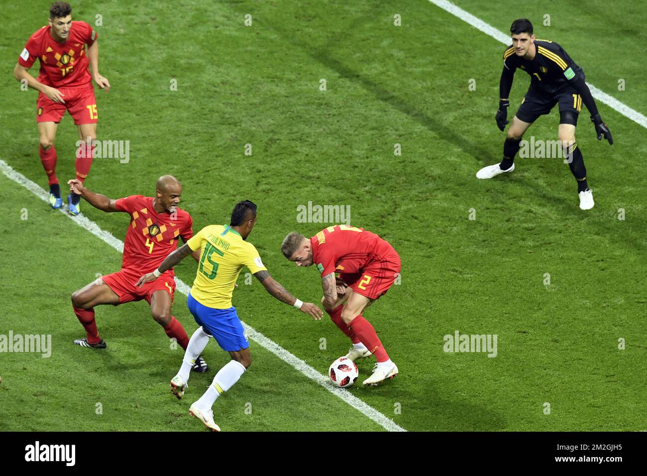 Belgium's Vincent Kompany, Brazil's Paulinho, Belgium's Toby Alderweireld and Belgium's goalkeeper Thibaut Courtois pictured during a soccer game between Belgian national soccer team the Red Devils and Brazil in Kazan, Russia, Friday 06 July 2018, the quarter-finals of the 2018 FIFA World Cup. BELGA PHOTO LAURIE DIEFFEMBACQ  Stock Photo