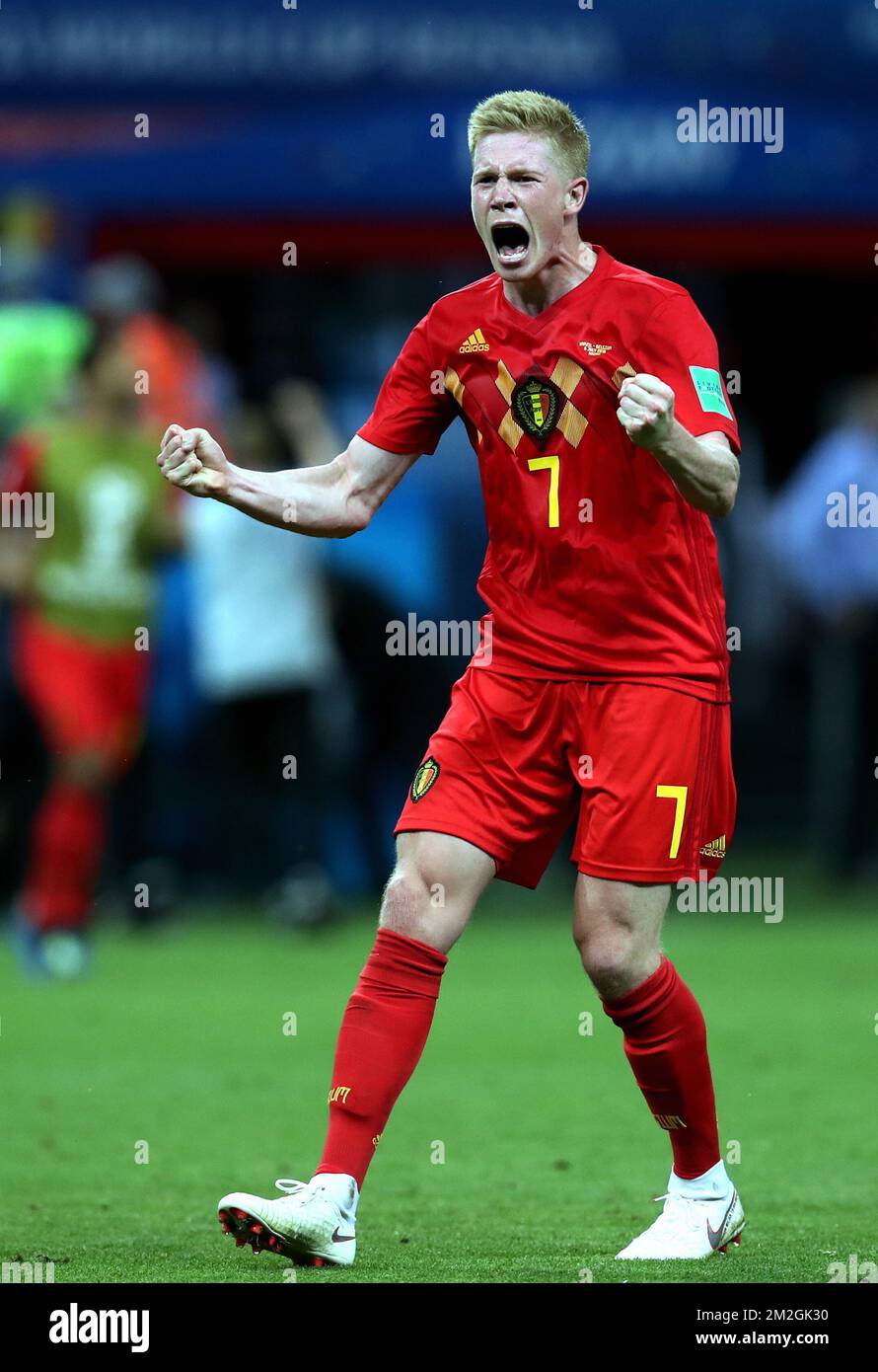 Belgium's Kevin De Bruyne reacts during a soccer game between Belgian national soccer team the Red Devils and Brazil in Kazan, Russia, Friday 06 July 2018, the quarter-finals of the 2018 FIFA World Cup. BELGA PHOTO BRUNO FAHY  Stock Photo