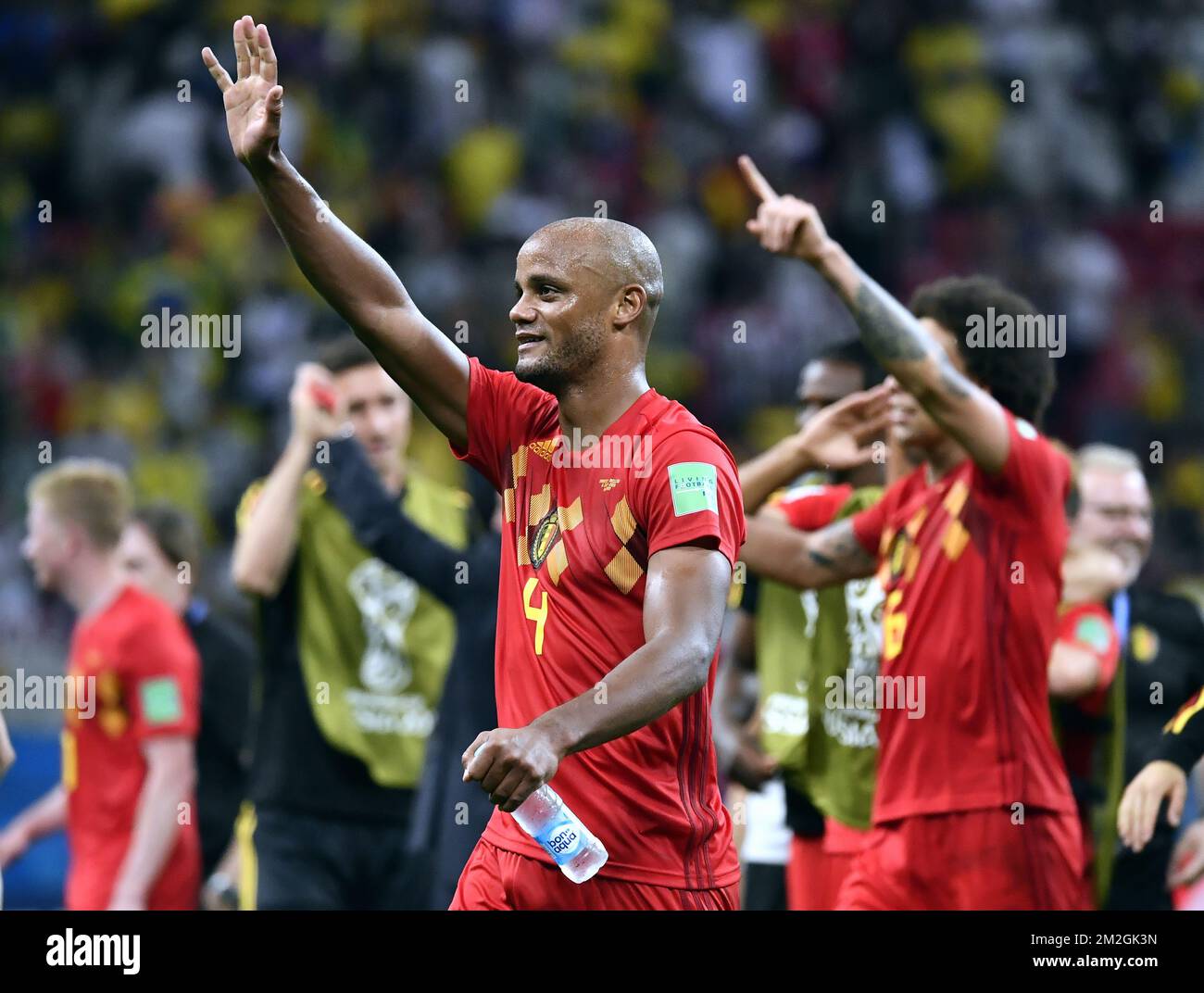 Belgium's Vincent Kompany celebrates after winning a soccer game between Belgian national soccer team the Red Devils and Brazil in Kazan, Russia, Friday 06 July 2018, the quarter-finals of the 2018 FIFA World Cup. BELGA PHOTO DIRK WAEM  Stock Photo