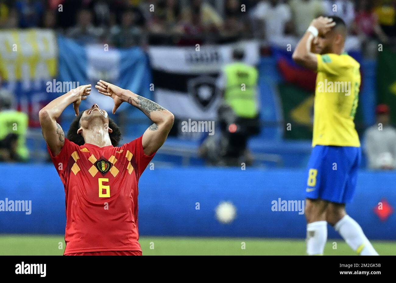 Belgium's Axel Witsel celebrates after winning a soccer game between Belgian national soccer team the Red Devils and Brazil in Kazan, Russia, Friday 06 July 2018, the quarter-finals of the 2018 FIFA World Cup. BELGA PHOTO DIRK WAEM  Stock Photo