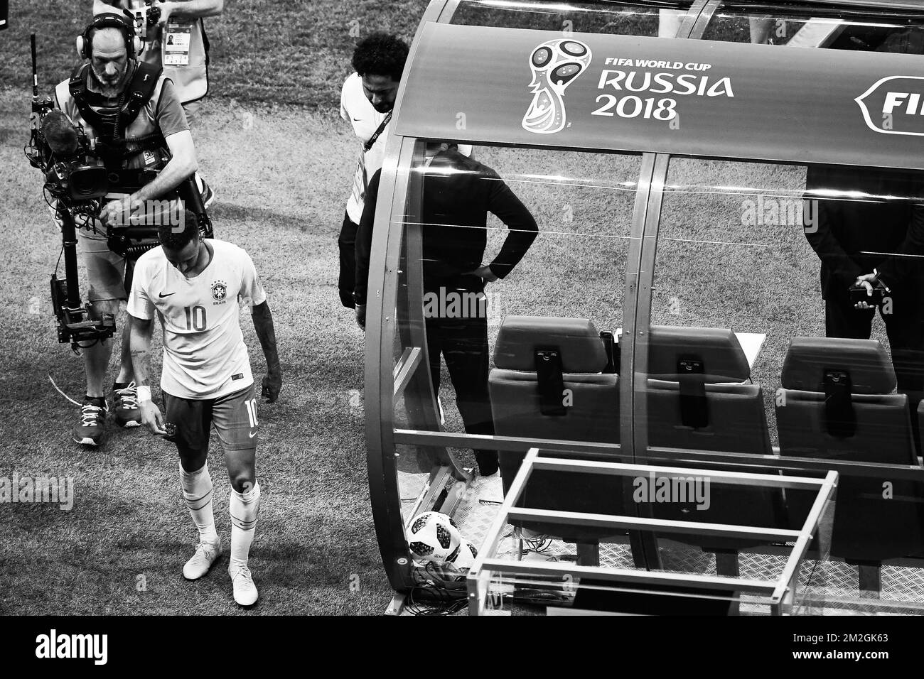Brazil's Neymar leaves the field after loosing a soccer game between Belgian national soccer team the Red Devils and Brazil in Kazan, Russia, Friday 06 July 2018, the quarter-finals of the 2018 FIFA World Cup. BELGA PHOTO LAURIE DIEFFEMBACQ Stock Photo