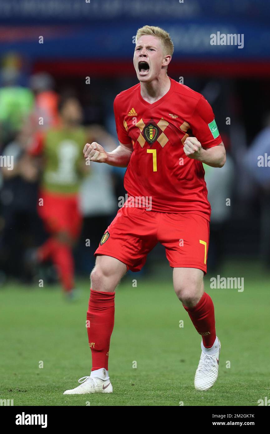 Belgium's Kevin De Bruyne celebrates after a soccer game between Belgian national soccer team the Red Devils and Brazil in Kazan, Russia, Friday 06 July 2018, the quarter-finals of the 2018 FIFA World Cup. BELGA PHOTO BRUNO FAHY Stock Photo