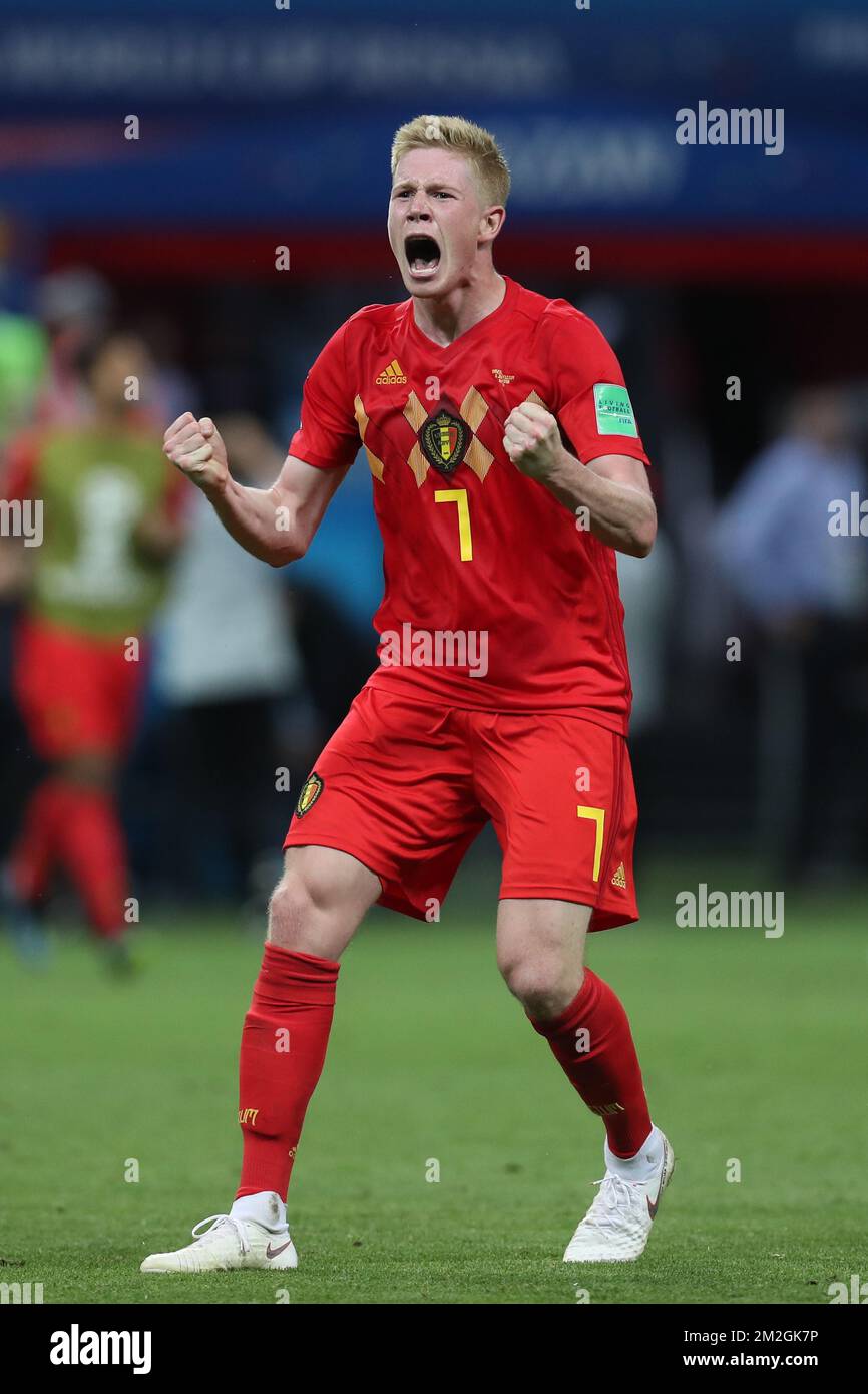 Belgium's Kevin De Bruyne celebrates after a soccer game between Belgian national soccer team the Red Devils and Brazil in Kazan, Russia, Friday 06 July 2018, the quarter-finals of the 2018 FIFA World Cup. BELGA PHOTO BRUNO FAHY Stock Photo