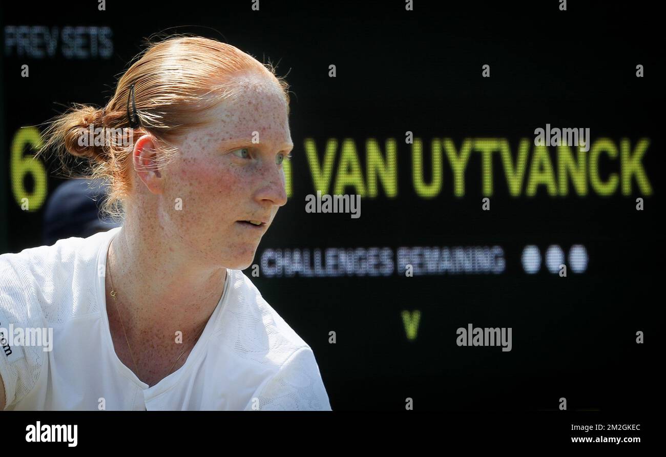 Belgian Alison Van Uytvanck (WTA 47) pictured in action during a tennis  match against Estonian Anett Kontaveit (WTA 27), in the third round of the  ladies singles at the 2018 Wimbledon grand