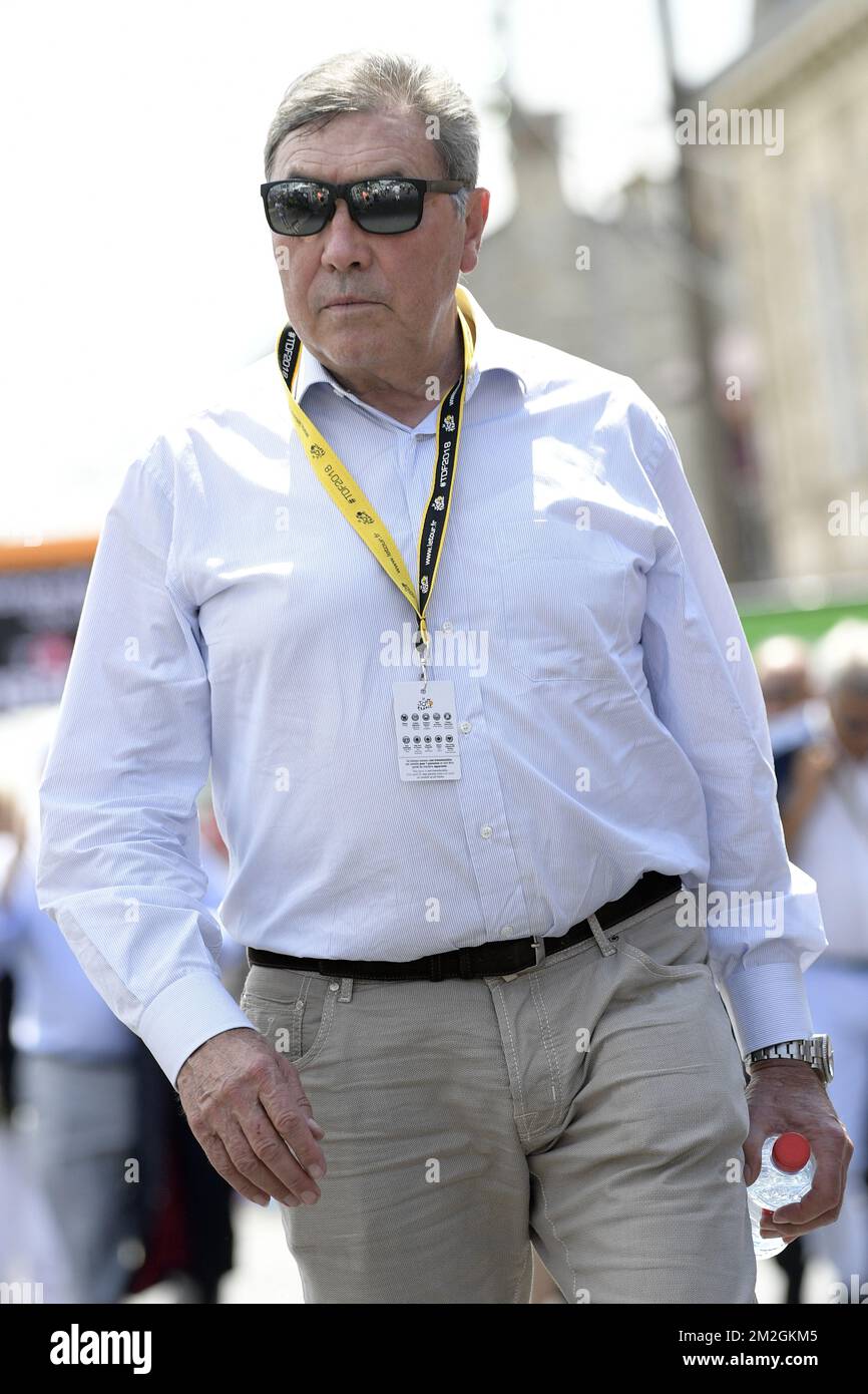 Former Belgian cyclist Eddy Merckx pictured after the first stage of the 105th edition of the Tour de France cycling race, 201km from Noirmoutier-en-l'Ile to Fontenay-le-Comte, France, Saturday 07 July 2018. This year's Tour de France takes place from July 7th to July 29th. BELGA PHOTO YORICK JANSENS Stock Photo