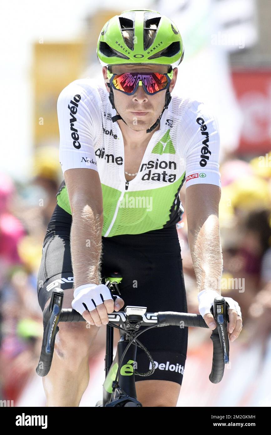 Belgian Julien Vermote of Dimension Data pictured after the arrival of the first stage of the 105th edition of the Tour de France cycling race, 201km from Noirmoutier-en-l'Ile to Fontenay-le-Comte, France, Saturday 07 July 2018. This year's Tour de France takes place from July 7th to July 29th. BELGA PHOTO YORICK JANSENS Stock Photo