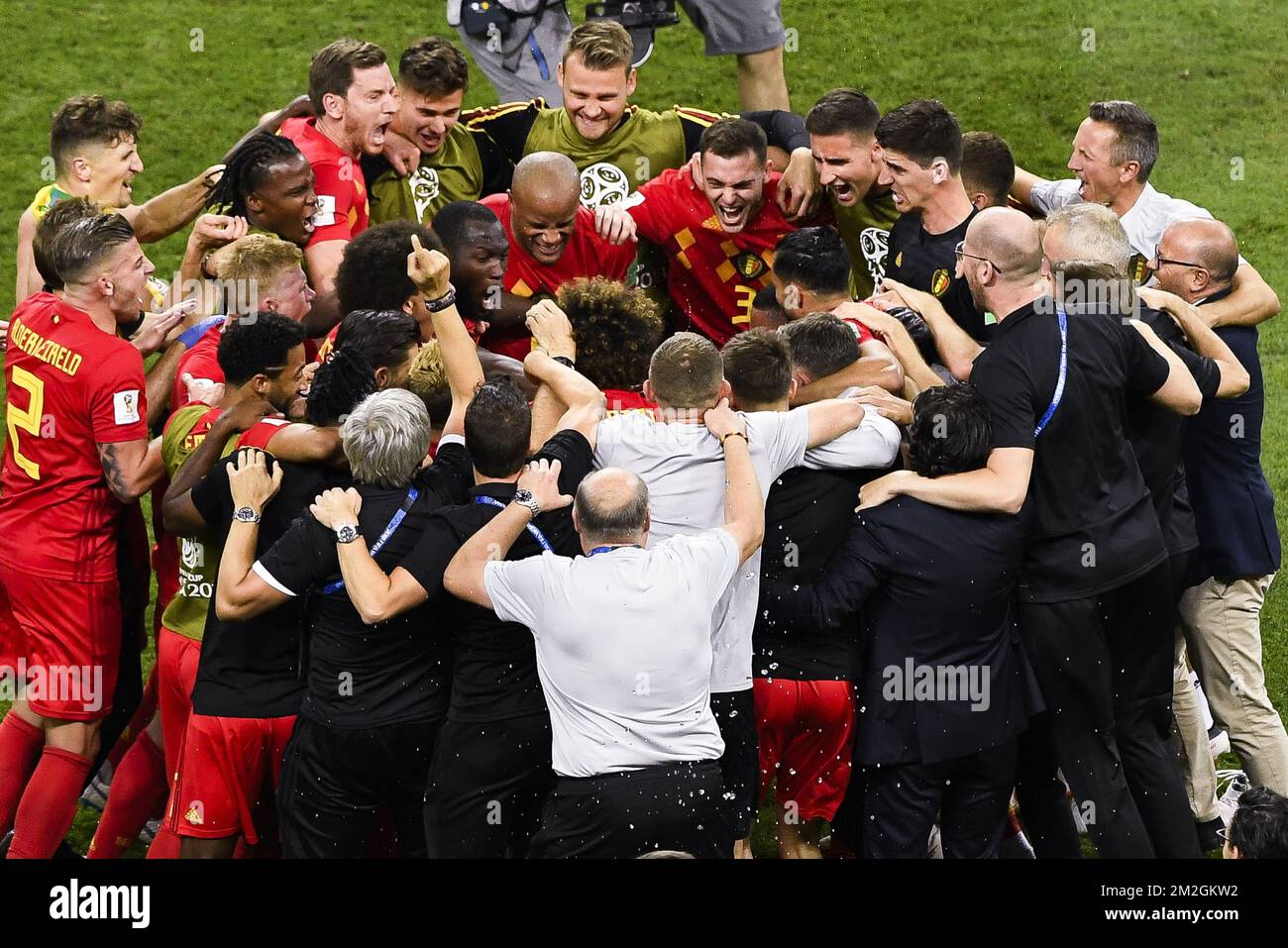 Belgian players and staff celebrate after winning a soccer game between Belgian national soccer team the Red Devils and Brazil in Kazan, Russia, Friday 06 July 2018, the quarter-finals of the 2018 FIFA World Cup. BELGA PHOTO LAURIE DIEFFEMBACQ Stock Photo
