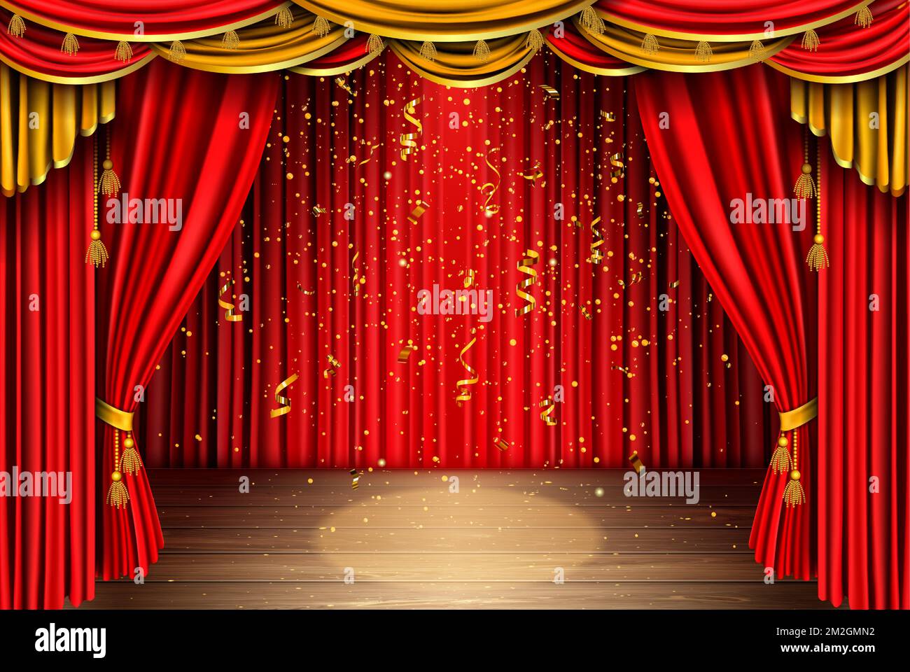 Empty red curtain stage with golden confetti falling on wooden floor with spotlight. Theater, opera scene with drape, concert or cinema grand opening realistic vector portiere for ceremony performance Stock Vector
