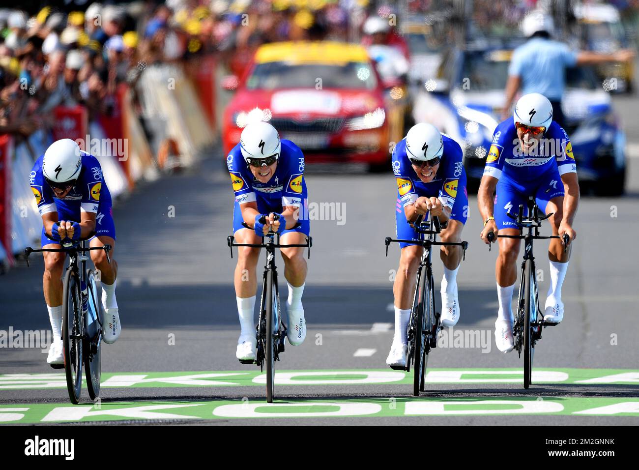 Quick Step Floors riders crosses the finish line at the third stage of the 105th edition of the Tour de France cycling race a team time trial 35 5km from Cholet to Cholet France
