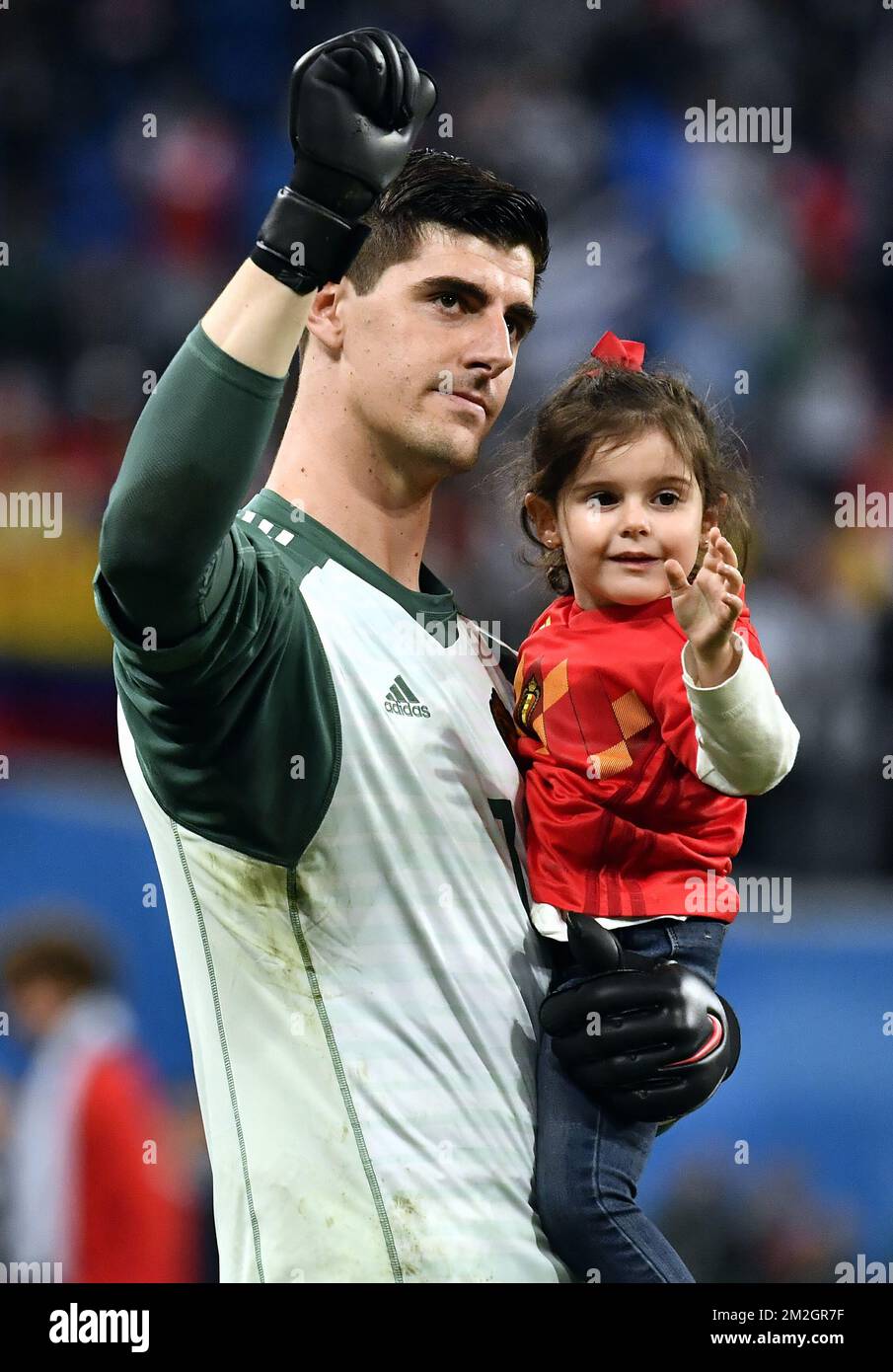 Belgium's goalkeeper Thibaut Courtois and his daughter pictured after