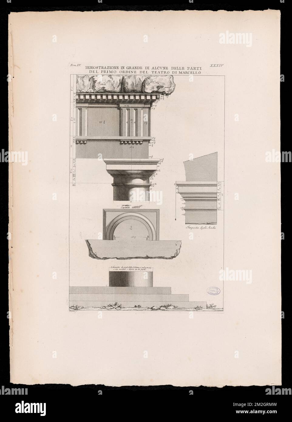 Dimostrazione in grande di alcvne delle parti del primo ordine del Teatro di Marcello , Architectural orders, Columns, Open-air theaters, Doric order. The Antonio Cardinal Tosti Collection Stock Photo