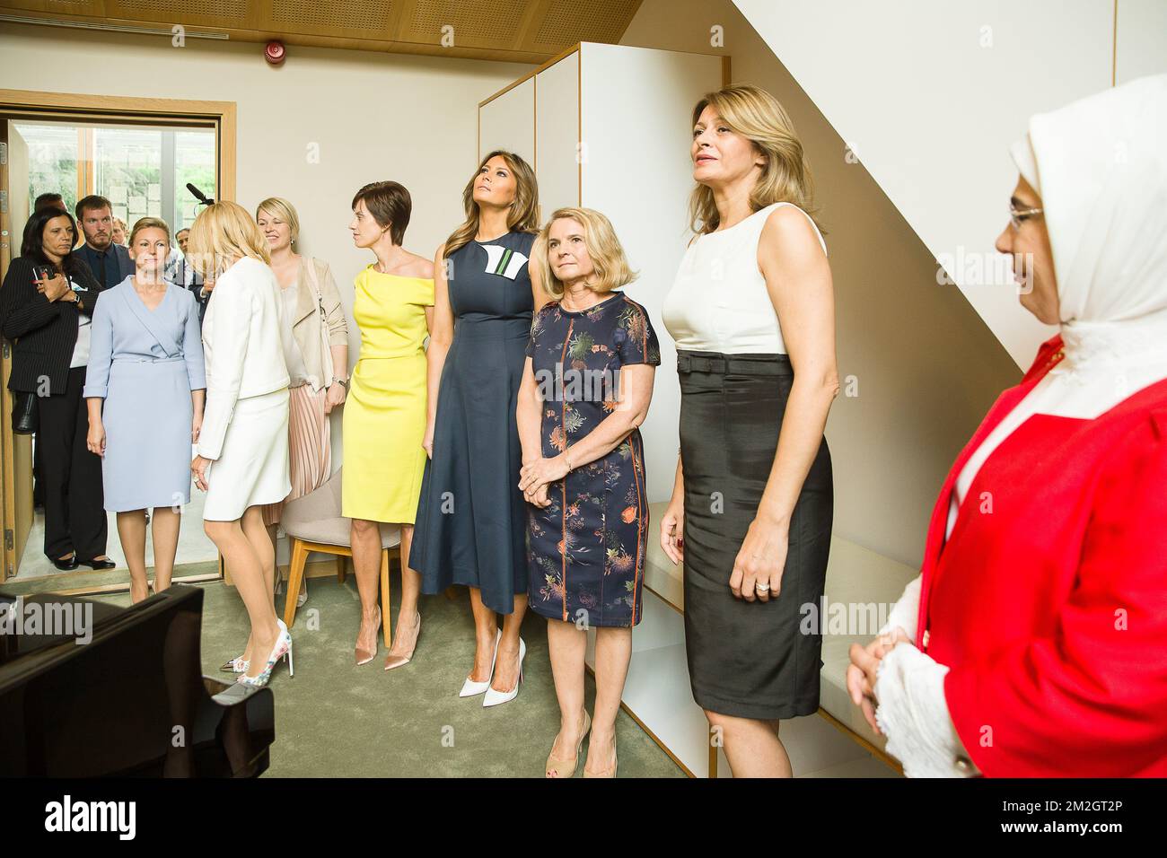 Amelie Derbaudrenghien, partner of Charles Michel, First Lady of the US Melania Trump, Malgorzata Tusk, wife of European Council President, Desislava Radeva, wife of Bulgaria President and Emine Erdogan, wife of Turkish President pictured during an excursion to the Queen Elisabeth Music Chapel of the First Ladies and First Gentlemen of Government leaders to Waterloo, Wednesday 11 July 2018. Brussels is hosting a summit of the NATO (North Atlantic Treaty Organization) military alliance. BELGA PHOTO JAMES ARTHUR GEKIERE Stock Photo