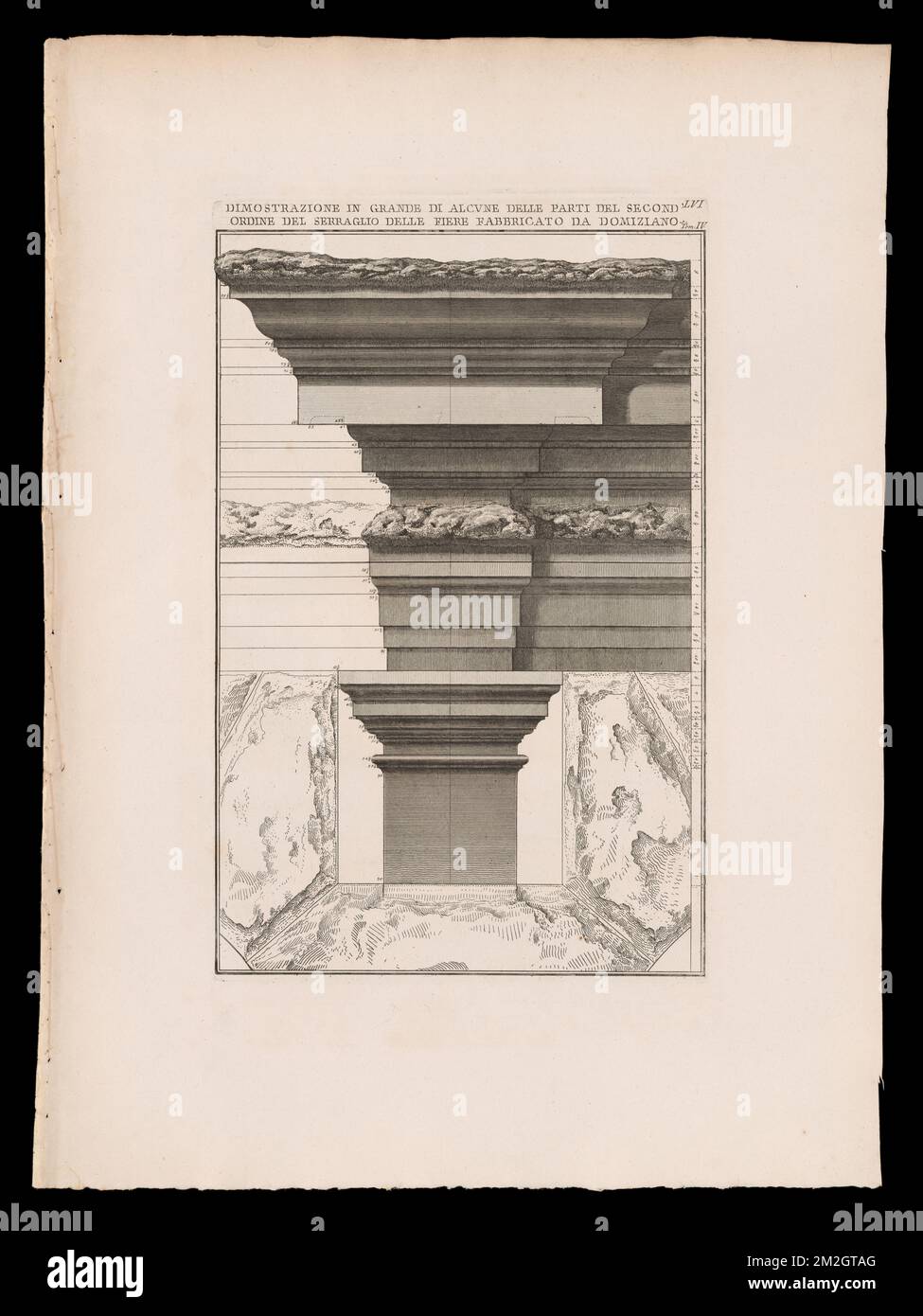 Dimostrazione in grande di alcvne delle parti del second'ordine del Serraglio delle Fiere fabbricato da Domiziano , Archaeological sites, Amphitheaters, Cages, Architectural orders, Columns. The Antonio Cardinal Tosti Collection Stock Photo