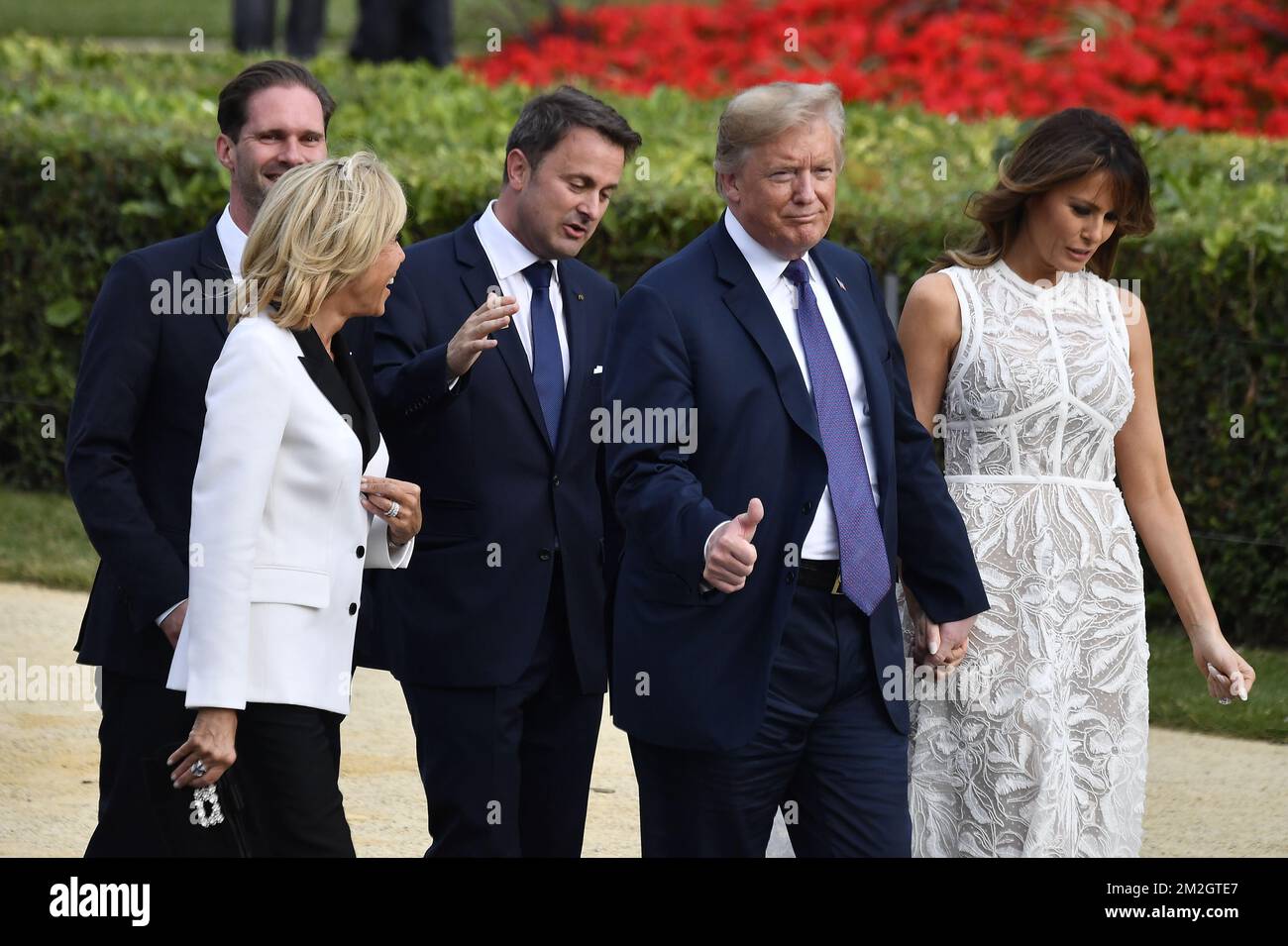 Brigitte Macron, Gauthier Destenay, husband of Luxembourg PM, Prime Minister of Luxembourg Xavier Bettel, US President Donald Trump and First Lady of the US Melania Trump arrive for a dinner at the Parc du Cinquantenaire - Jubelpark park in Brussels, for the participants of a NATO (North Atlantic Treaty Organization) summit, Wednesday 11 July 2018. BELGA PHOTO ERIC LALMAND  Stock Photo