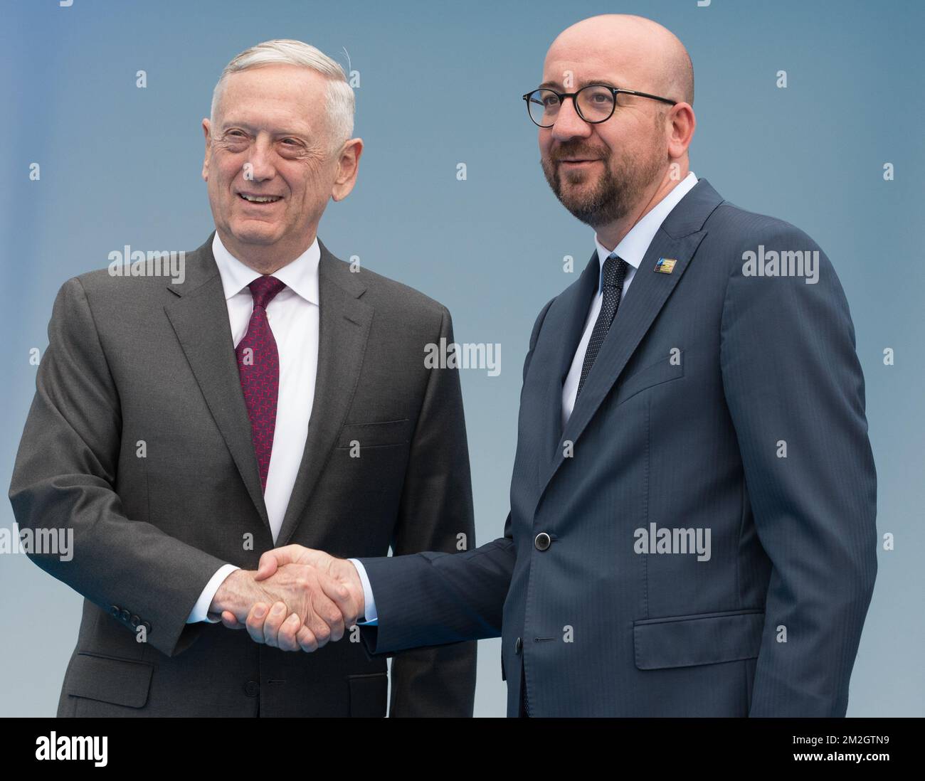 US Defense Secretary Jim Mattis and Belgian Prime Minister Charles Michel pictured during the arrival for a dinner at the Parc du Cinquantenaire - Jubelpark park in Brussels, for the participants of a NATO (North Atlantic Treaty Organization) summit, Wednesday 11 July 2018. BELGA PHOTO BENOIT DOPPAGNE Stock Photo