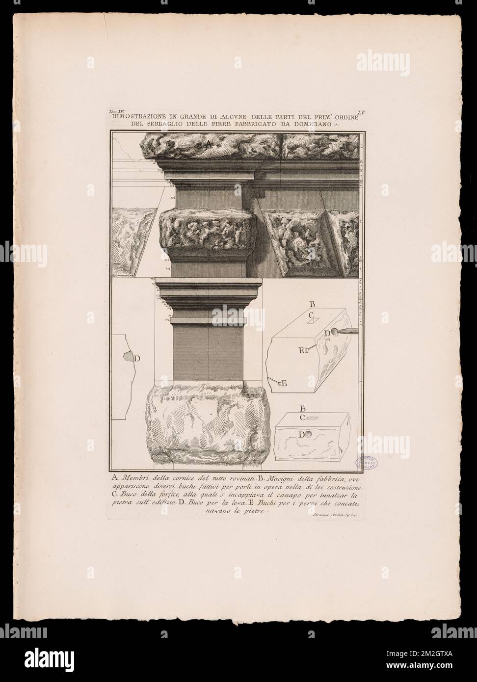 Dimostrazione in grande di alcvne delle parti del prim'ordine del serraglio delle fiere fabbricato da Domiziano , Archaeological sites, Amphitheaters, Cages, Cornices, Architectural orders. The Antonio Cardinal Tosti Collection Stock Photo