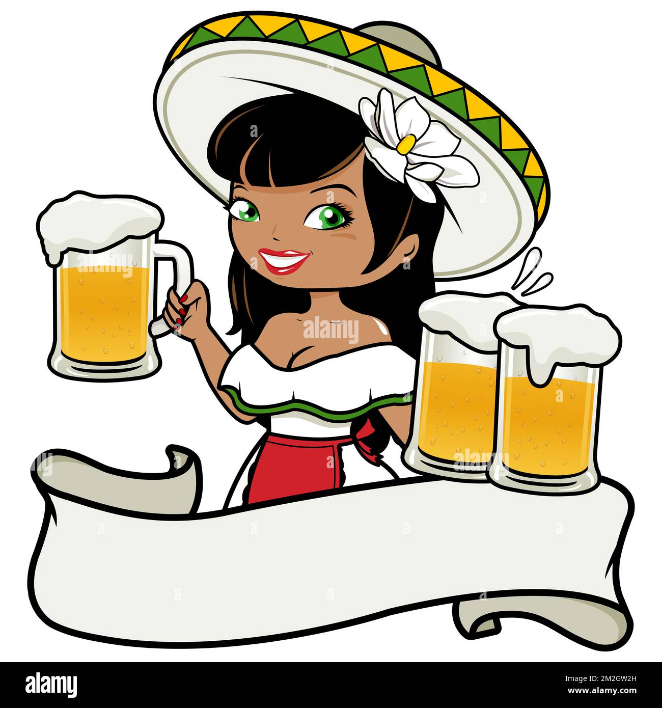 Blank banner with a Mexican waitress serving beer. Stock Photo