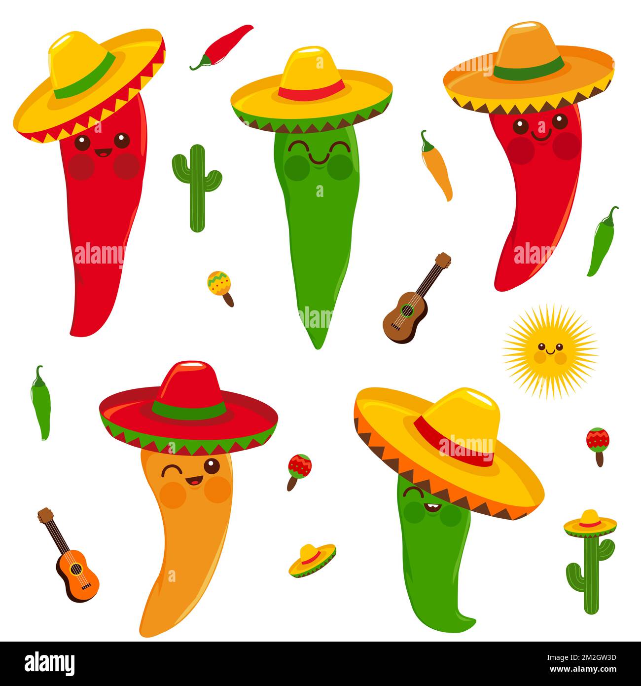 Cute Mexican Mariachi Chili Pepper Characters With Sombreros Stock cute-mexican-mariachi-chili-pepper-characters-with-sombreros-stock