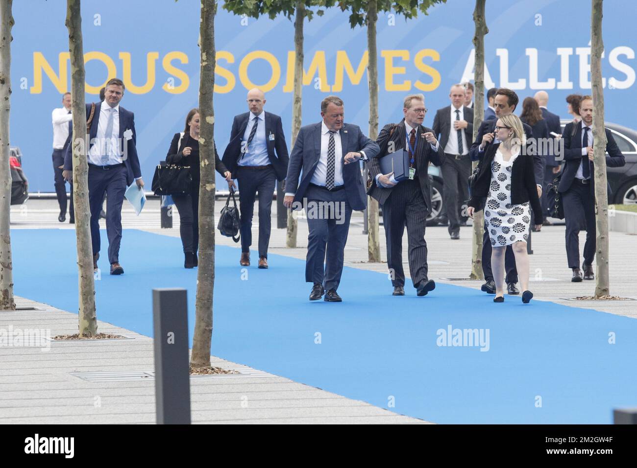 Denmark Prime Minister Lars Lokke Rasmussen (C) pictured at the arrivals on day two of a summit of the NATO (North Atlantic Treaty Organization) military alliance, Thursday 12 July 2018, in Brussels. BELGA PHOTO POOL PABLO GARRIGOS CUCARELLA  Stock Photo