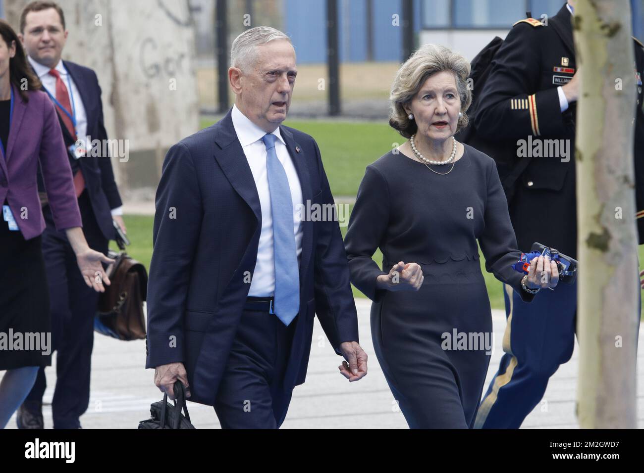 U.S. Defense Secretary Jim Mattis (L) pictured at the arrivals on day two of a summit of the NATO (North Atlantic Treaty Organization) military alliance, Thursday 12 July 2018, in Brussels. BELGA PHOTO POOL PABLO GARRIGOS CUCARELLA  Stock Photo