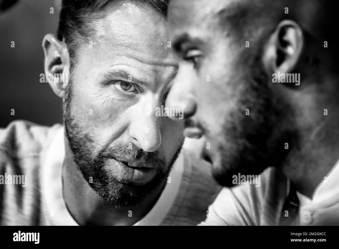 England's Head Coach Gareth Southgate and England's Fabian Delph pictured during a press conference of the English soccer team, in Saint-Petersburg, Russia, Friday 13 July 2018. On Saturday the Belgian national soccer team the Red Devils will meet England in the Third place play-off of the FIFA World Cup 2018. BELGA PHOTO BRUNO FAHY Stock Photo