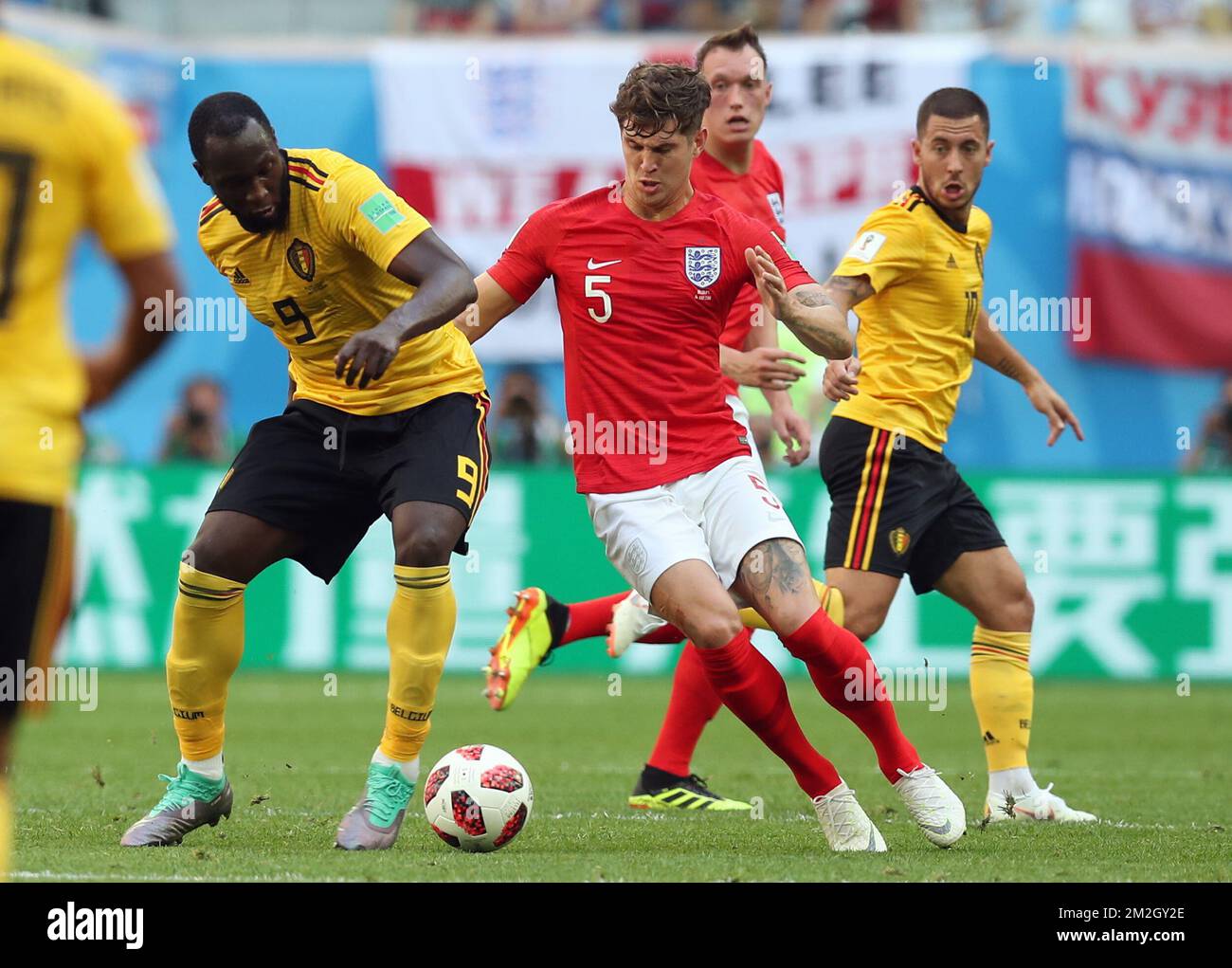 Belgium's Romelu Lukaku and England's John Stones pictured in action during a soccer game between Belgian national soccer team the Red Devils and England, the third place play-off of the 2018 FIFA World Cup, Saturday 14 July 2018 in Saint-Petersburg, Russia. BELGA PHOTO BRUNO FAHY Stock Photo