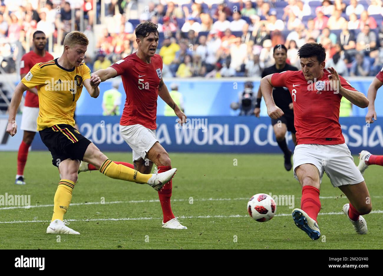 Belgium's Kevin De Bruyne, England's John Stones and England's Harry Maguire pictured in action during a soccer game between Belgian national soccer team the Red Devils and England, the third place play-off of the 2018 FIFA World Cup, Saturday 14 July 2018 in Saint-Petersburg, Russia. BELGA PHOTO LAURIE DIEFFEMBACQ Stock Photo