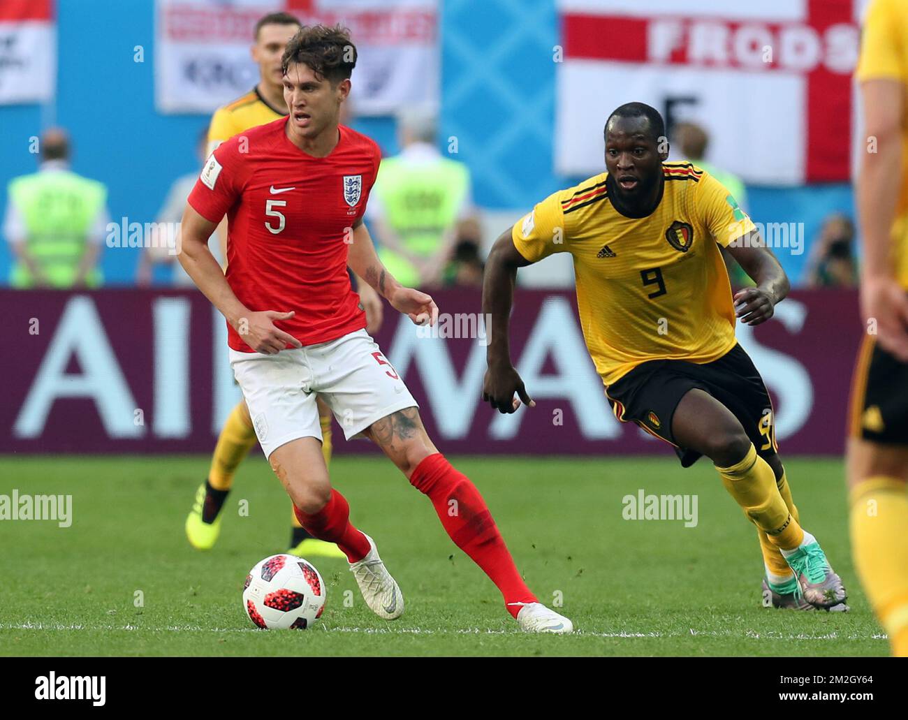 England's John Stones and Belgium's Romelu Lukaku pictured in action during a soccer game between Belgian national soccer team the Red Devils and England, the third place play-off of the 2018 FIFA World Cup, Saturday 14 July 2018 in Saint-Petersburg, Russia. BELGA PHOTO BRUNO FAHY Stock Photo