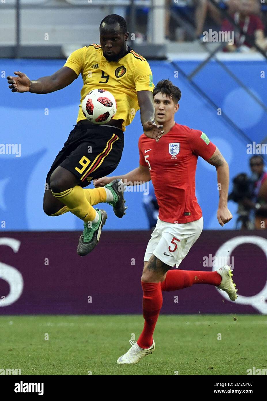 Belgium's Romelu Lukaku and England's John Stones pictured in action during a soccer game between Belgian national soccer team the Red Devils and England, the third place play-off of the 2018 FIFA World Cup, Saturday 14 July 2018 in Saint-Petersburg, Russia. BELGA PHOTO LAURIE DIEFFEMBACQ Stock Photo