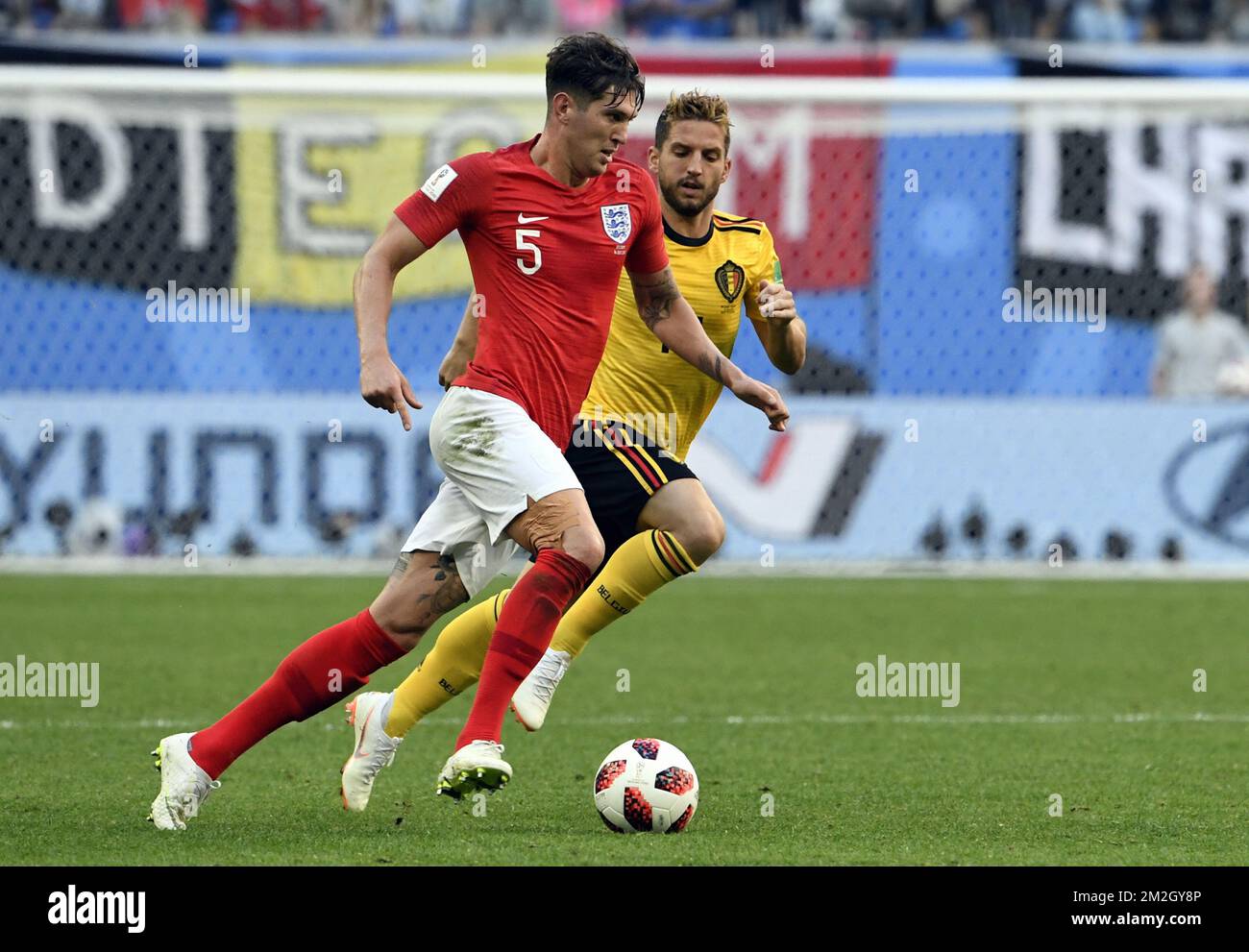 England's John Stones and Belgium's Dries Mertens pictured in action during a soccer game between Belgian national soccer team the Red Devils and England, the third place play-off of the 2018 FIFA World Cup, Saturday 14 July 2018 in Saint-Petersburg, Russia. BELGA PHOTO LAURIE DIEFFEMBACQ Stock Photo
