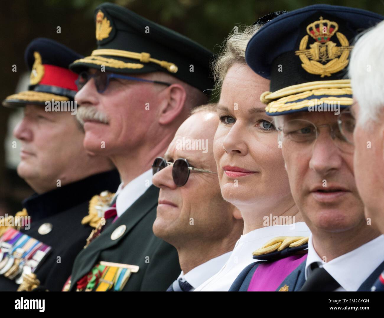 UK staff memeber, Chief of Defence General Marc Compernol, Belgian Ambassador to United Kingdom Rudy Huygelen, Queen Mathilde of Belgium and King Philippe - Filip of Belgium pictured during a ceremony to commemorate the fallen soldiers of World War I, at 'The Cenotaph' war memorial on Whitehall in London, Saturday 14 July 2018. BELGA PHOTO BENOIT DOPPAGNE Stock Photo