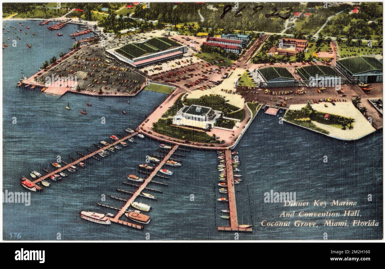 Dinner Key Marina and convention hall, Coconut Grove, Miami, Florida , Tichnor Brothers Collection, postcards of the United States Stock Photo