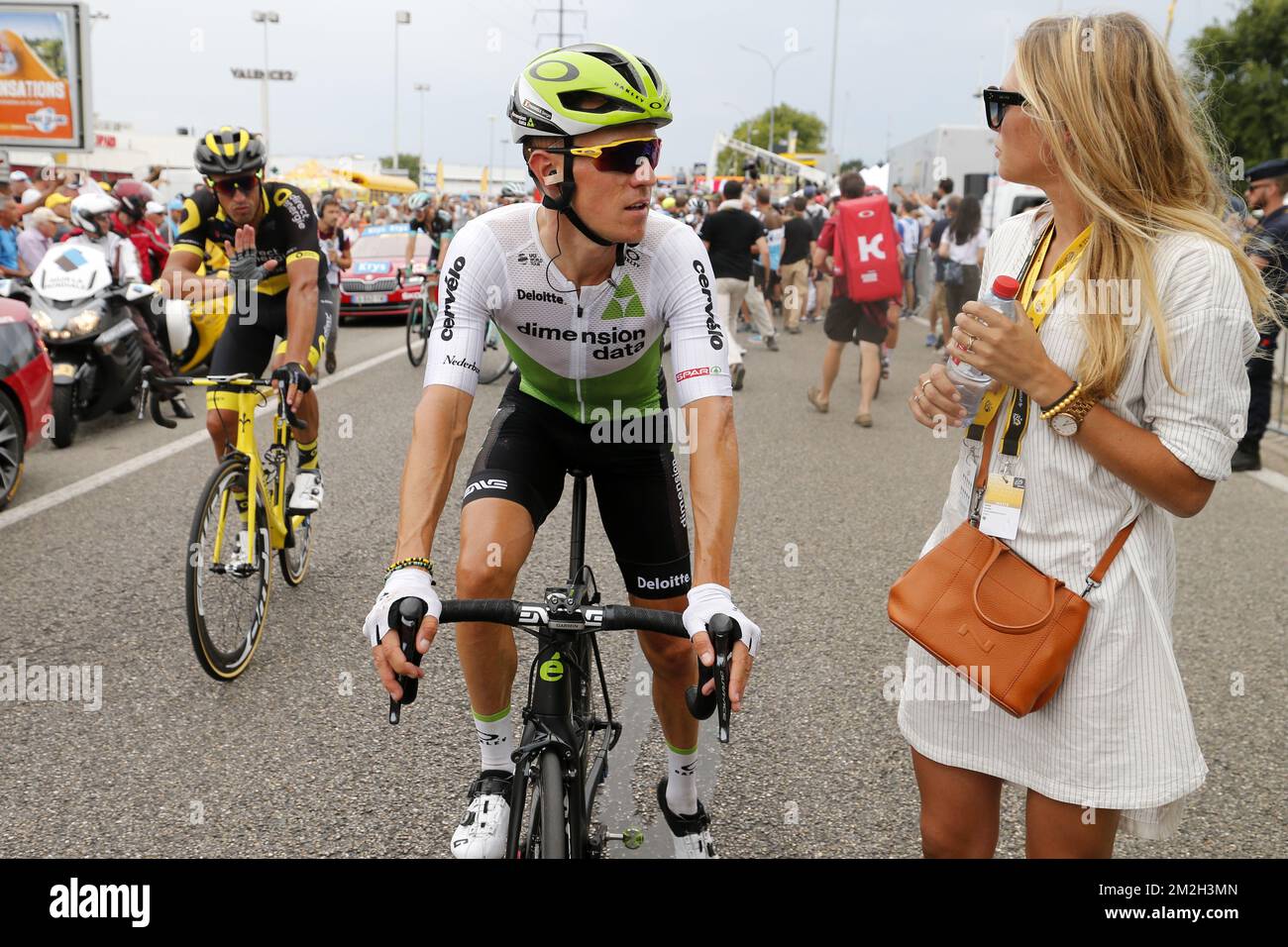 Belgian Serge Pauwels of Dimension Data and his wife Ine Beyen pictured  after the arrival of the 13th stage in the 105th edition of the Tour de  France cycling race, from Bourg