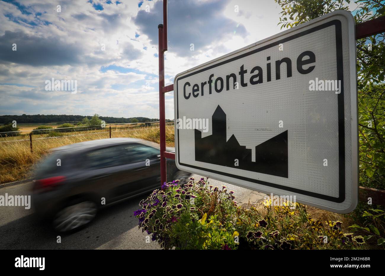 Illustration shows the name of the Cerfontaine municipality on a road sign, Monday 23 July 2018. BELGA PHOTO VIRGINIE LEFOUR Stock Photo