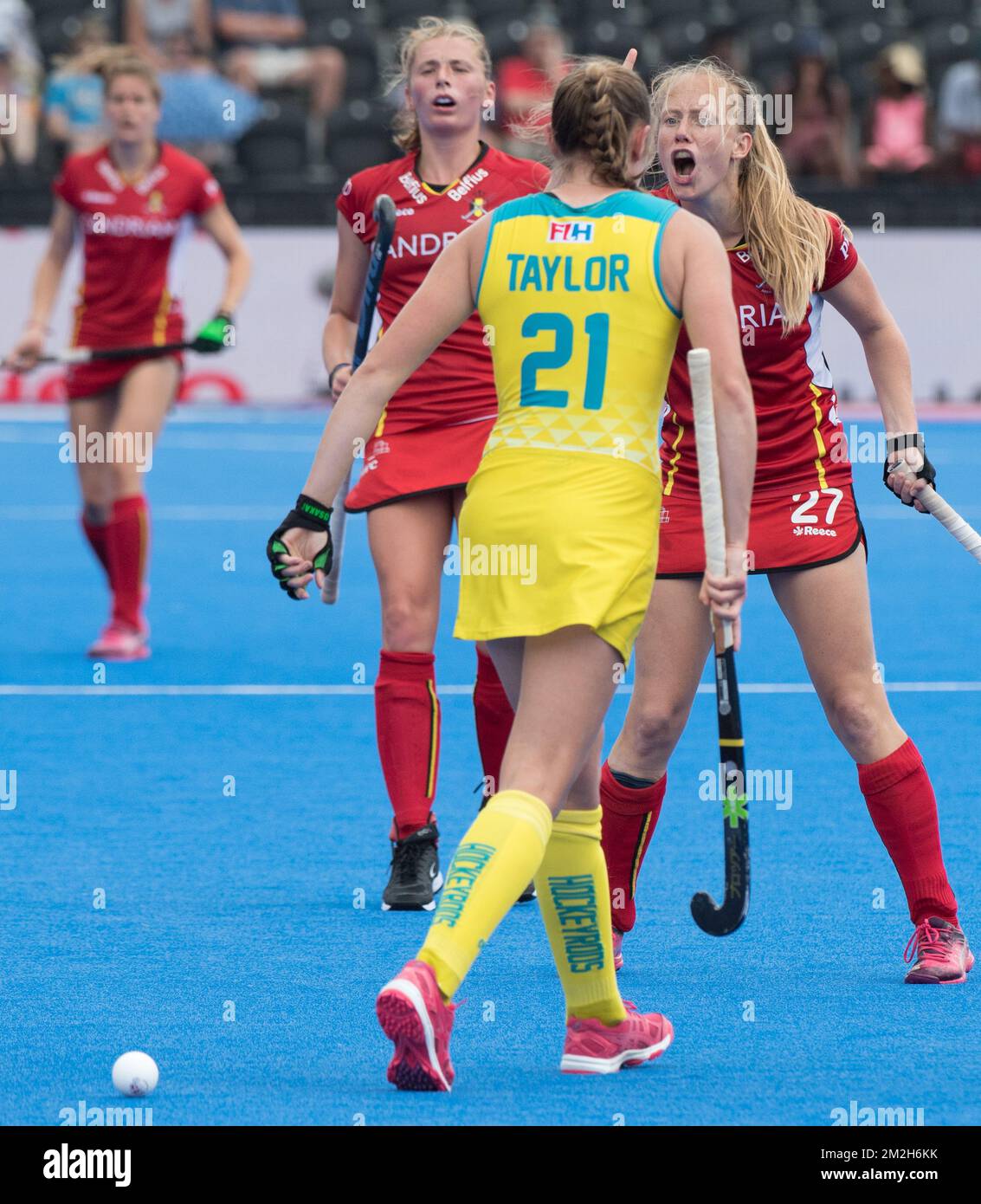 Australia's Renee Taylor and Belgium's Jill Boon react during the game between Australia and Belgium in group D at the Hockey Women's World Cup, in London, UK, Tuesday 24 July 2018. The Hockey Women's World Cup takes place from 21 July to 05 August at the Lee Valley Hockey Centre in London. BELGA PHOTO BENOIT DOPPAGNE  Stock Photo