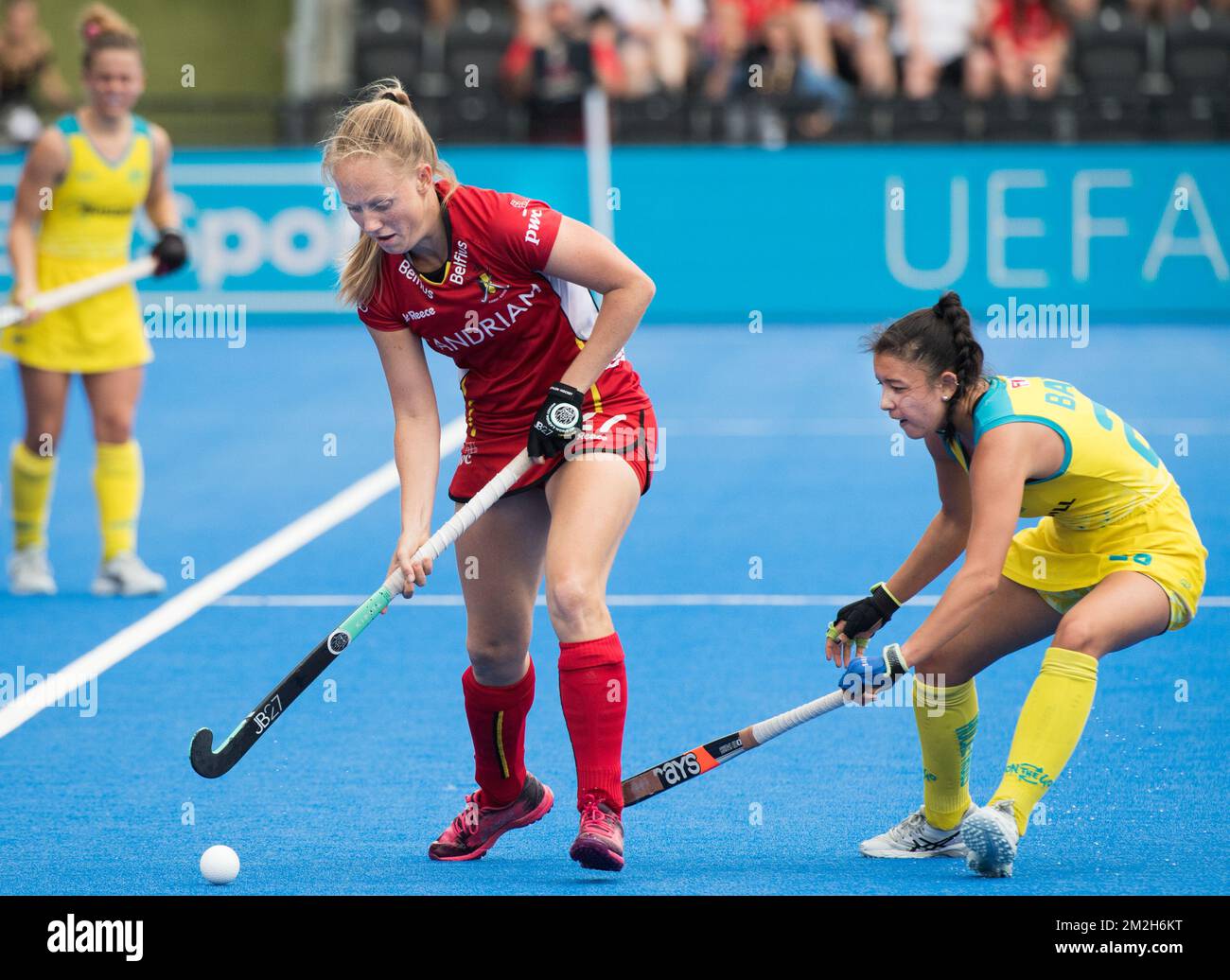 Belgium's Jill Boon and Australia's Kristina Bates pictured in action during the game between Australia and Belgium in group D at the Hockey Women's World Cup, in London, UK, Tuesday 24 July 2018. The Hockey Women's World Cup takes place from 21 July to 05 August at the Lee Valley Hockey Centre in London. BELGA PHOTO BENOIT DOPPAGNE  Stock Photo