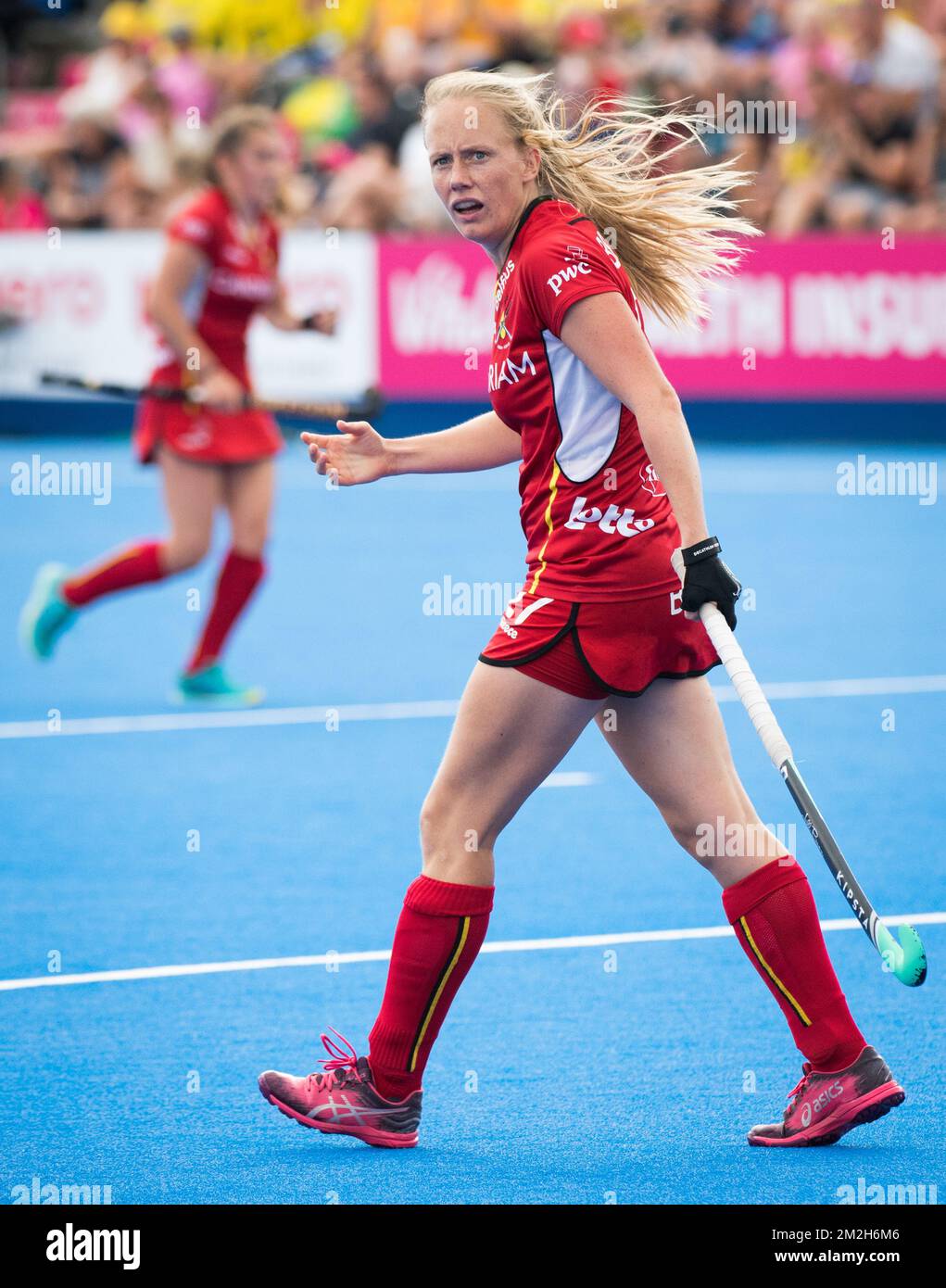 Belgium's Jill Boon reacts during the game between Australia and Belgium in group D at the Hockey Women's World Cup, in London, UK, Tuesday 24 July 2018. The Hockey Women's World Cup takes place from 21 July to 05 August at the Lee Valley Hockey Centre in London. BELGA PHOTO BENOIT DOPPAGNE  Stock Photo