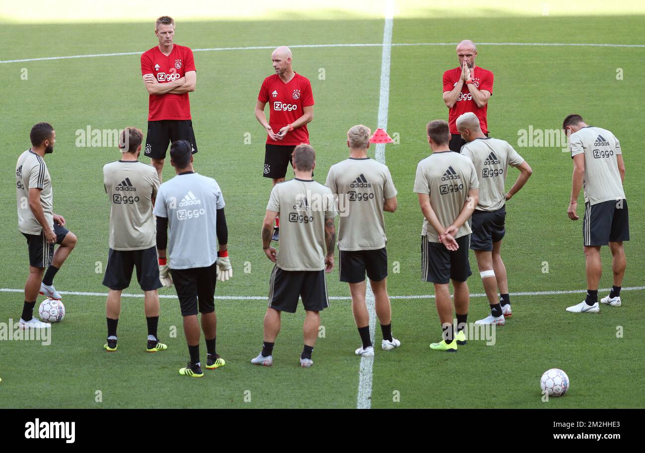 Ajax' head coach Erik ten Hag pictured in action during a training session of Dutch soccer club AFC Ajax, Monday 06 August 2018 in Liege. The team is preparing for the first leg of the third qualifying round of the UEFA Champions League against Belgians Standard de Liege. BELGA PHOTO VIRGINIE LEFOUR Stock Photo