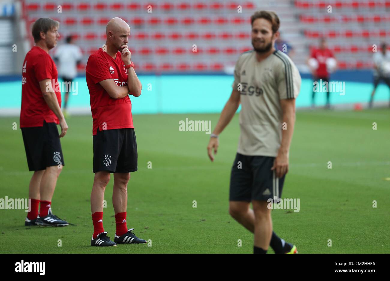 Ajax' head coach Erik ten Hag pictured in action during a training session of Dutch soccer club AFC Ajax, Monday 06 August 2018 in Liege. The team is preparing for the first leg of the third qualifying round of the UEFA Champions League against Belgians Standard de Liege. BELGA PHOTO VIRGINIE LEFOUR Stock Photo